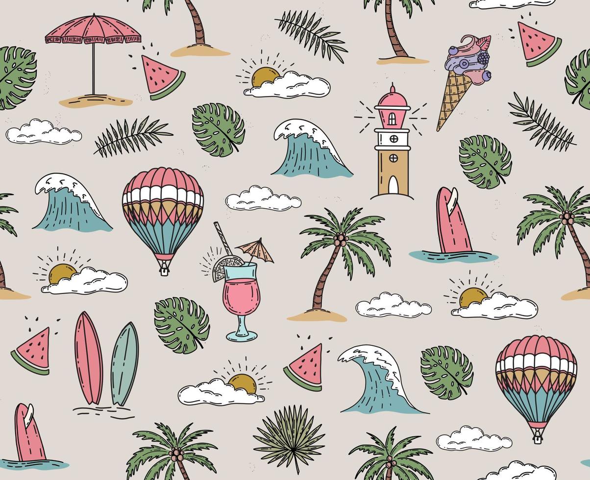 sommar, surfbräda, våg, ballong, fyr, palmer, löv, monstera, handritad illustration, vektor. vektor