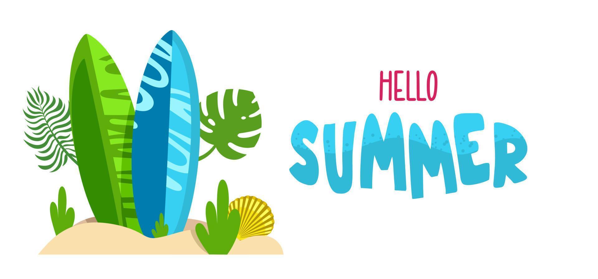 sommer hintergrund website header bunte horizontale postkarte banner surfen aufschrift hallo sommer vektorillustration im flachen stil vektor