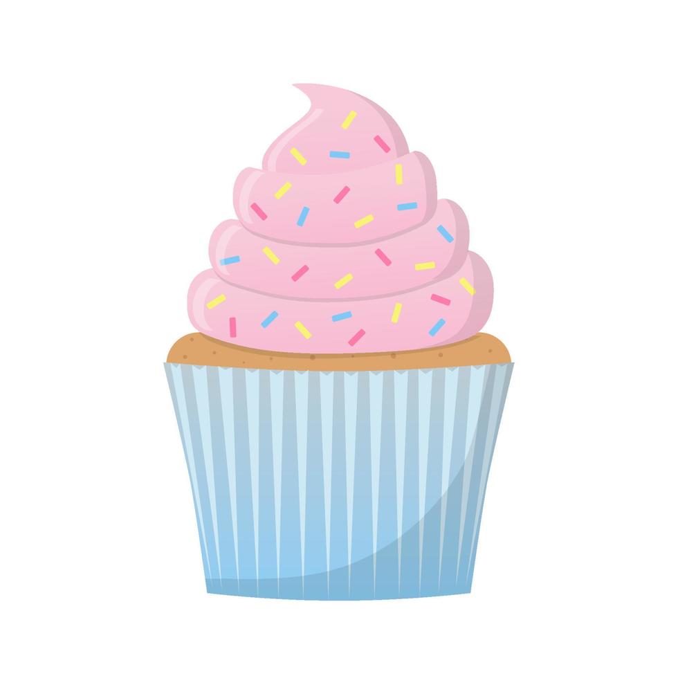 cupcake med rosa kräm och dekorativt strössel. färg vektor illustration i tecknad platt stil. isolerad på en vit bakgrund.
