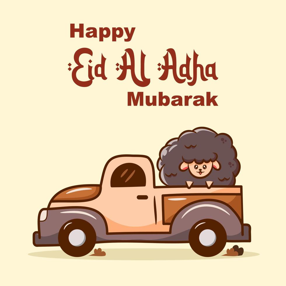 lustiger glücklicher eid al adha-gruß mit illustration von schafen, die einen pick-up-truck fahren vektor