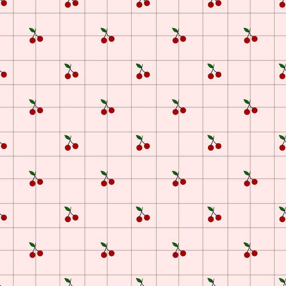 sömlösa mönster av söta röda körsbär på rosa bakgrund med rutnätslinje. vektor