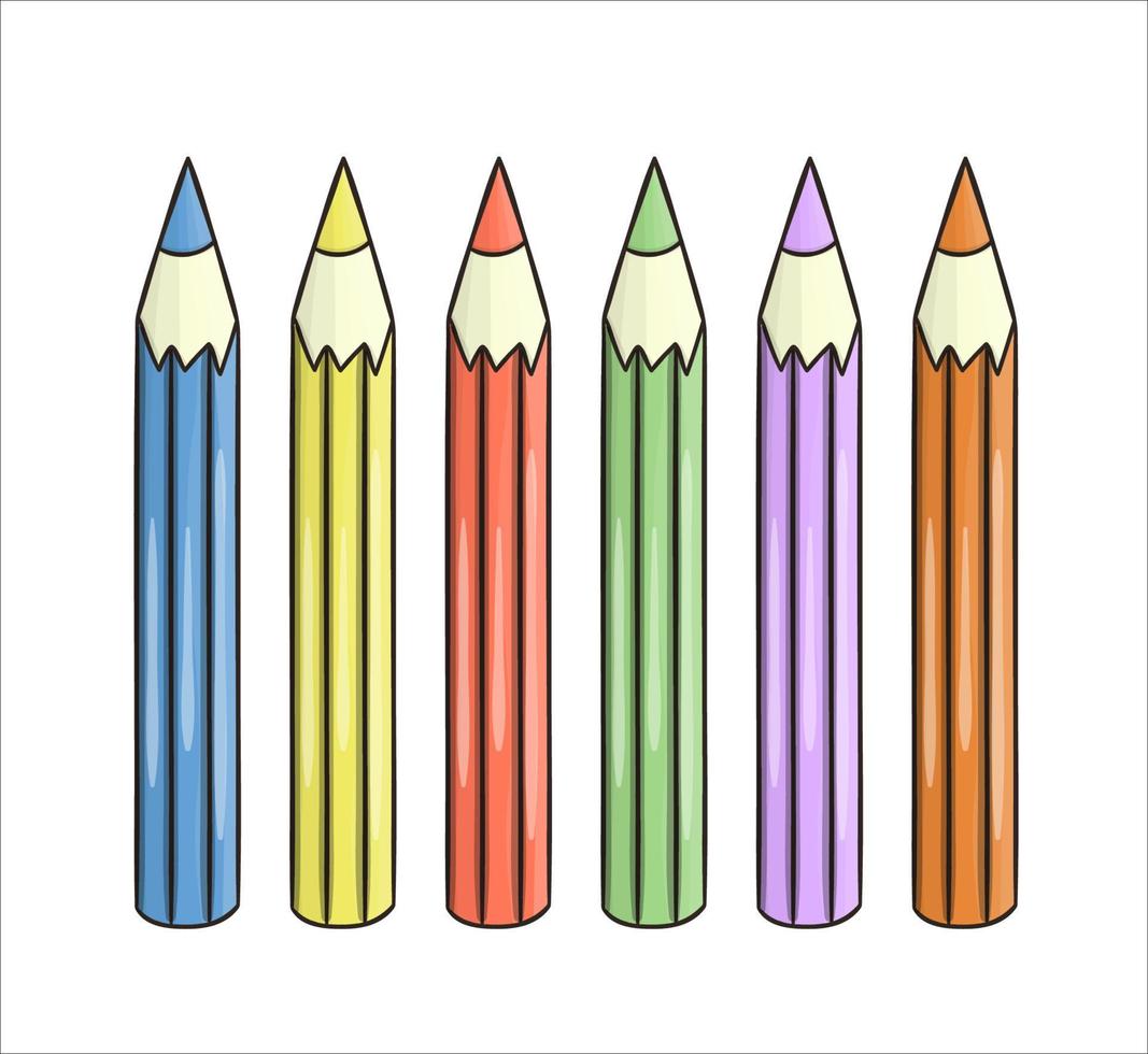 Reihe von farbigen Bleistiftsymbolen. vektorfarbenes Briefpapier, Schreibmaterial, Büro- oder Schulbedarf isoliert auf weißem Hintergrund. Cartoon-Stil vektor