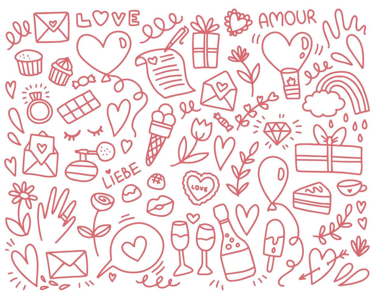 doodle röda och rosa kärleksobjekt söt uppsättning vektorillustration vektor