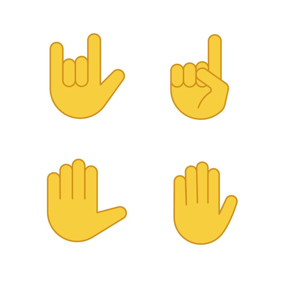 Farbsymbole für Handgesten-Emojis festgelegt. Ich liebe dich, Heavy Metal, Himmel, High Five, hör auf zu gestikulieren. Teufelsfinger, Zeigefinger nach oben, erhobene Hand. isolierte Vektorgrafiken vektor