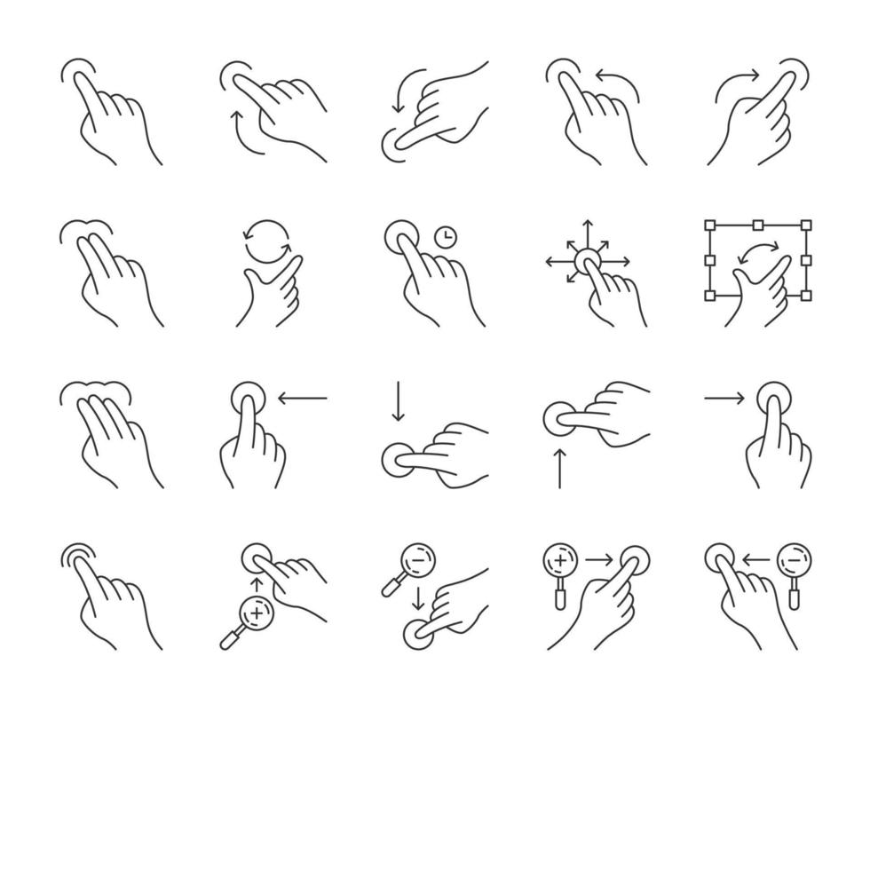 Touchscreen-Gesten lineare Symbole gesetzt. tippen, zeigen, 2x tippen, 3x klicken, gestikulieren. Flick, Zoom-Geste. nach oben, unten scrollen. Ziehen Sie den Finger in alle Richtungen. dünne Linie Kontursymbol. isolierte Vektorgrafiken vektor