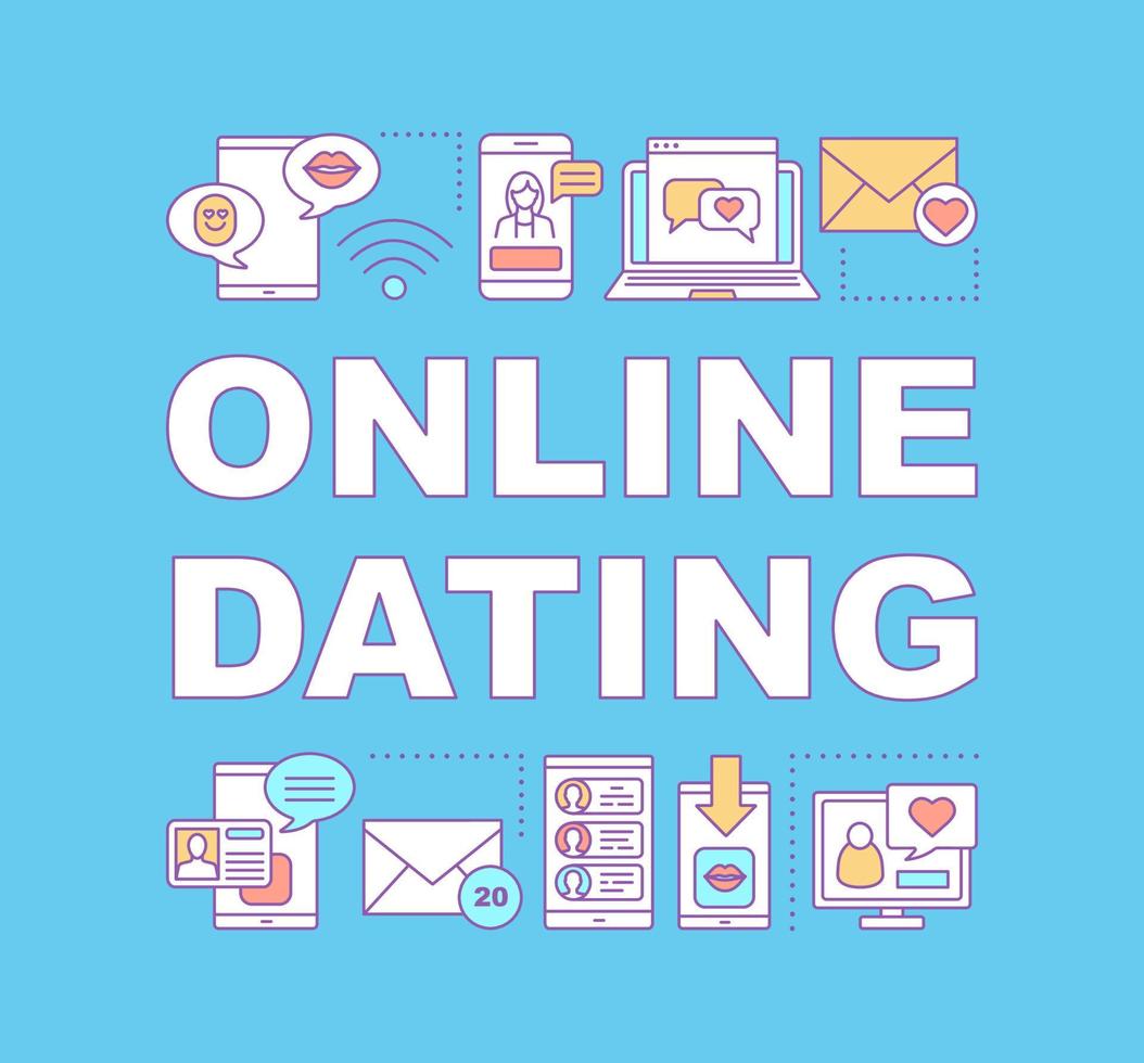 online dating ord koncept banner. romantisk matchmaking. internet dejt app. hitta kärlekstjänst. presentation, hemsida. isolerade bokstäver typografi idé med linjära ikoner. vektor kontur illustration