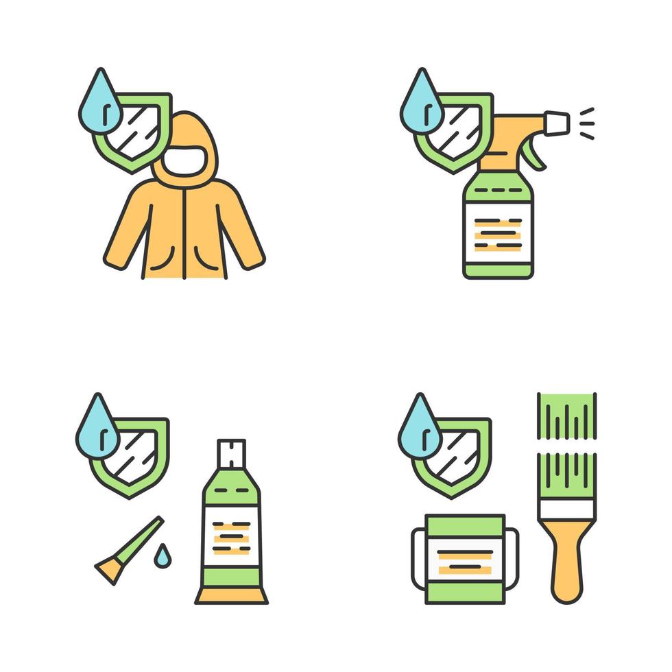 Farbsymbole für die Abdichtung festgelegt. wasserabweisende Materialien und Kleidung. wasserdichter Mantel, Spray, Versiegelung, Farbe. Flüssigkeits- und Regenschutz. hydrophobe Technologie. isolierte Vektorgrafiken vektor