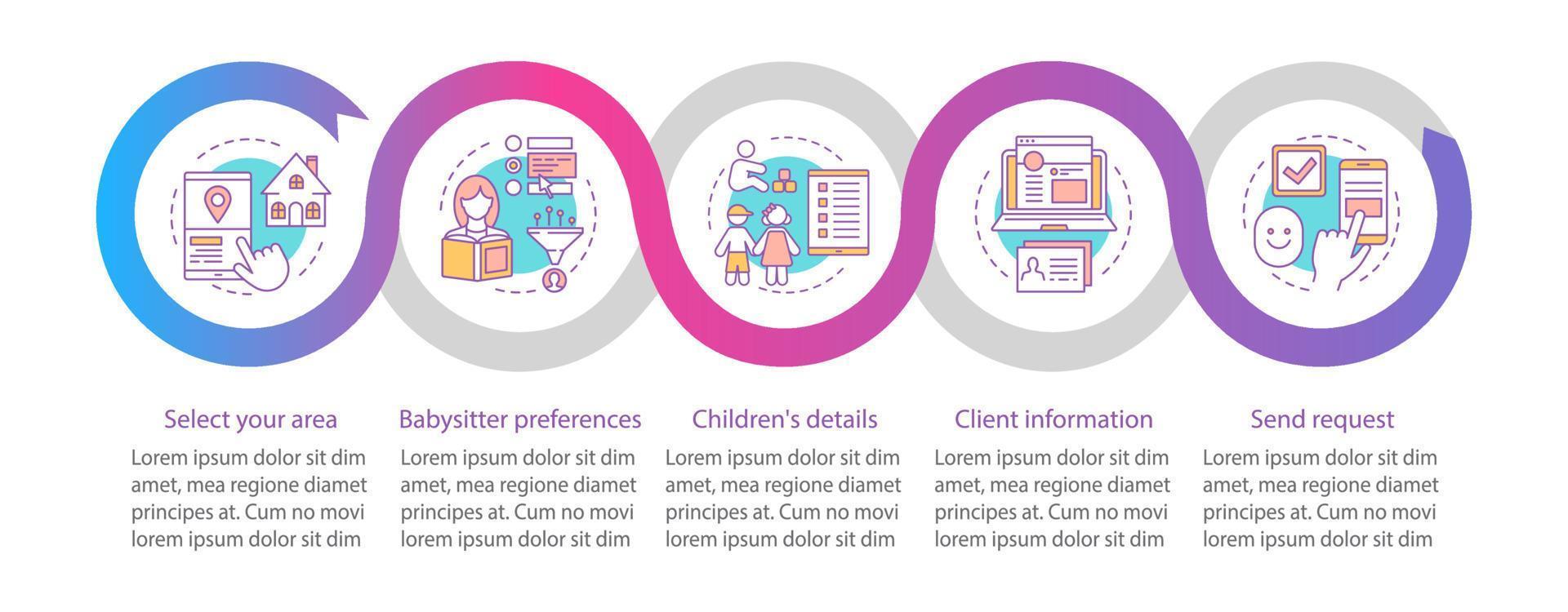 Babysitter-Anfragevektor-Infografik-Vorlage. babysitten. Gestaltungselemente für Geschäftspräsentationen. Datenvisualisierung mit Schritten und Optionen. Diagramm der Prozesszeitleiste. Workflow-Layout mit linearen Symbolen vektor