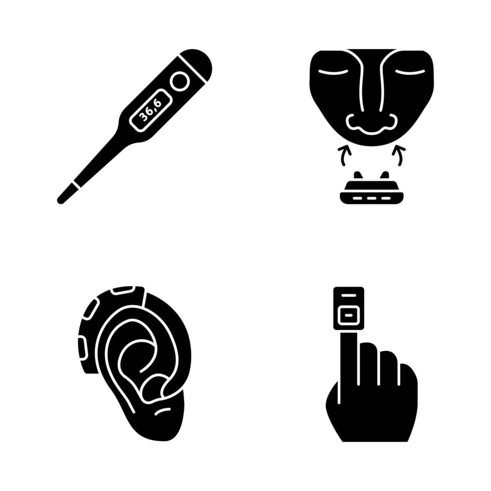 Glyphensymbole für medizinische Geräte gesetzt. Thermometer, Anti-Schnarch-Clip, Hörverstärker, Fingerpulsoximeter. Inhalator, Ohrgeräuschverstärker, Glukosetest. Silhouettensymbole. vektor isolierte illustration