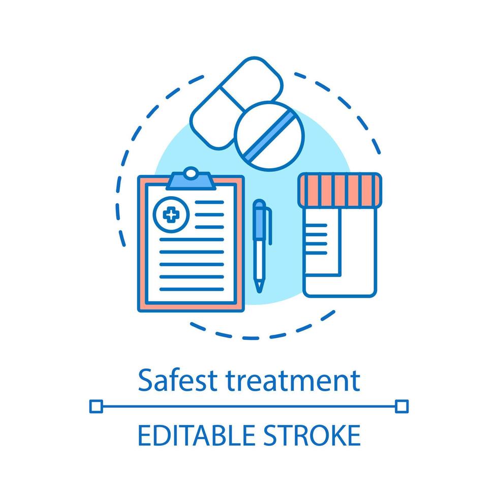 Symbol für das sicherste Behandlungskonzept. medizinisches Behandlungsprotokoll. Arzneimittel verschreibungspflichtig. Therapie. anamnese, tests, pillenidee dünne linienillustration. Vektor isoliert Umrisszeichnung. editierbarer Strich