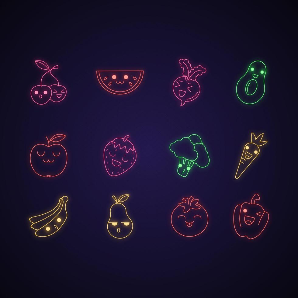 grönsaker och frukter söt kawaii neon ljus karaktärer. vattenmelon och banan med leende ansikte. glad rödbeta, avokado. rolig emoji, uttryckssymbol, leende. glödande ikoner. vektor isolerade illustration