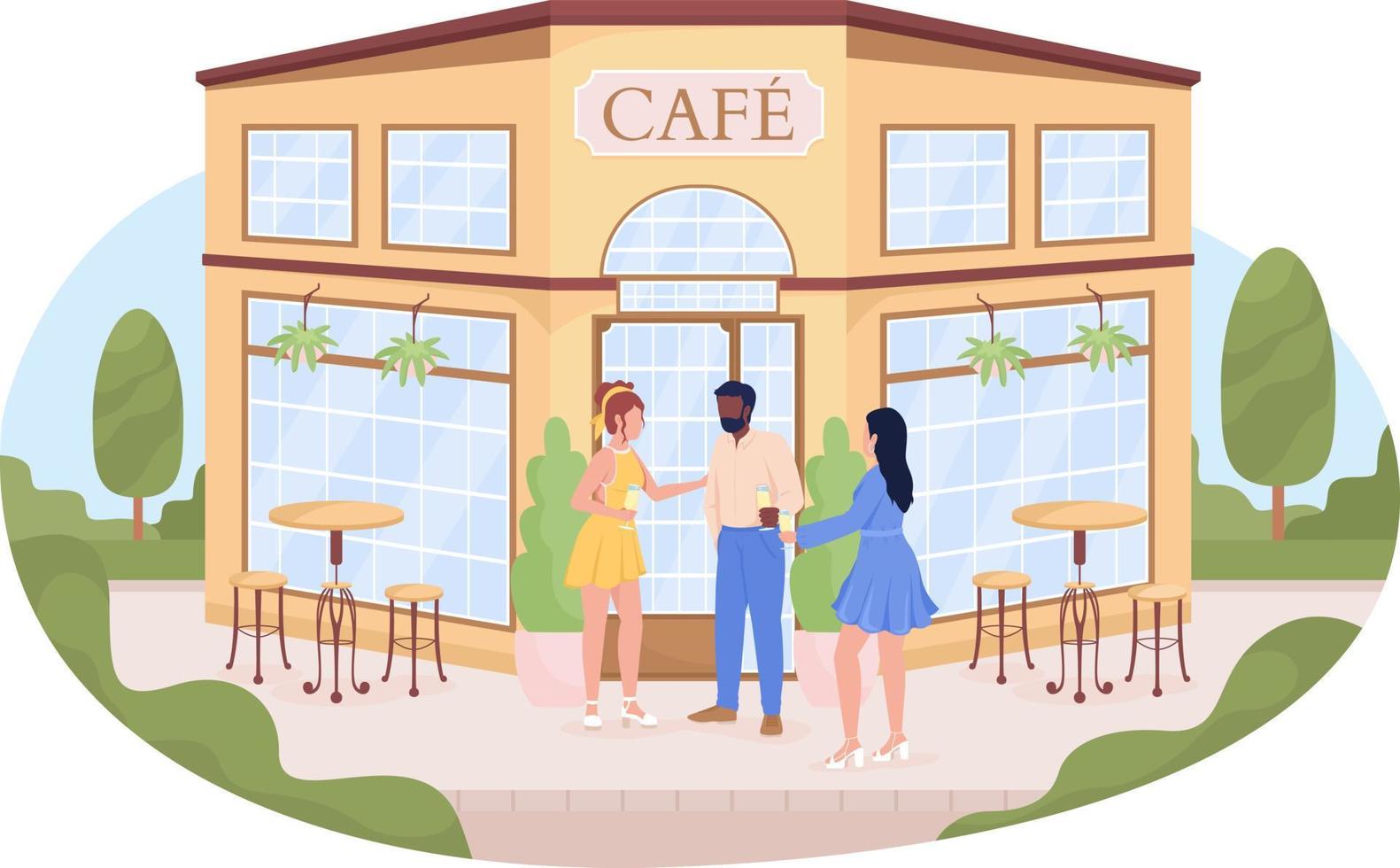 vänner nära café byggnad på gata 2d vektor isolerad illustration