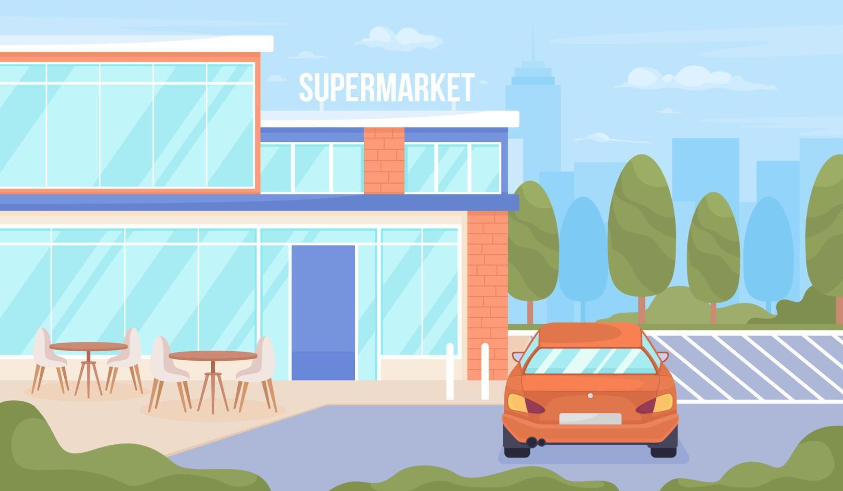 supermarkt mit café und parkplätzen flache farbvektorillustration vektor