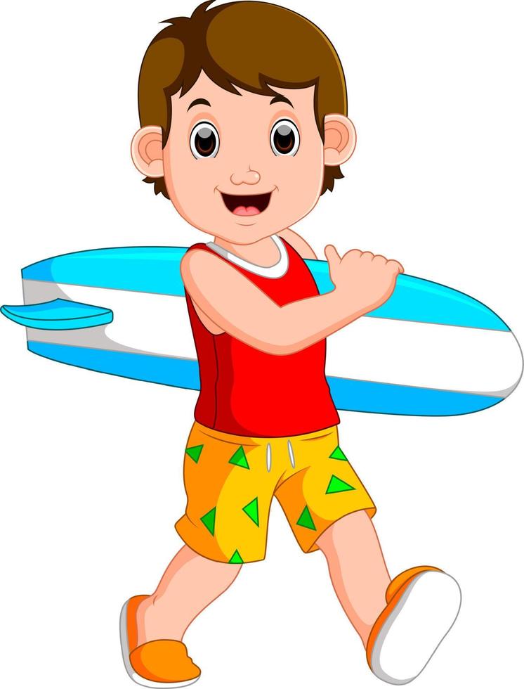 tecknad liten unge håller surfbräda vektor
