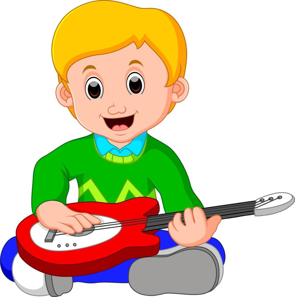 liten pojke tecknad spelar gitarr vektor