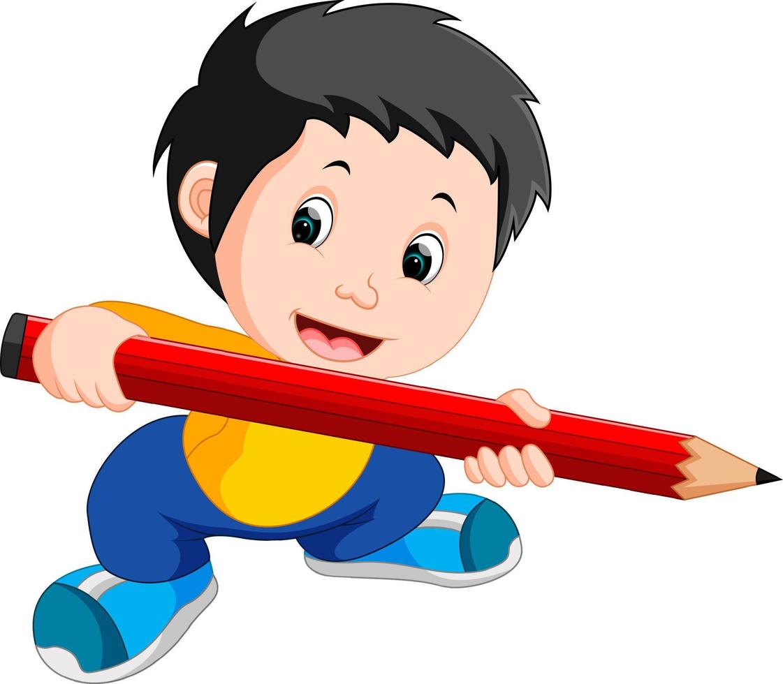 ung pojke som håller en stor penna vektor