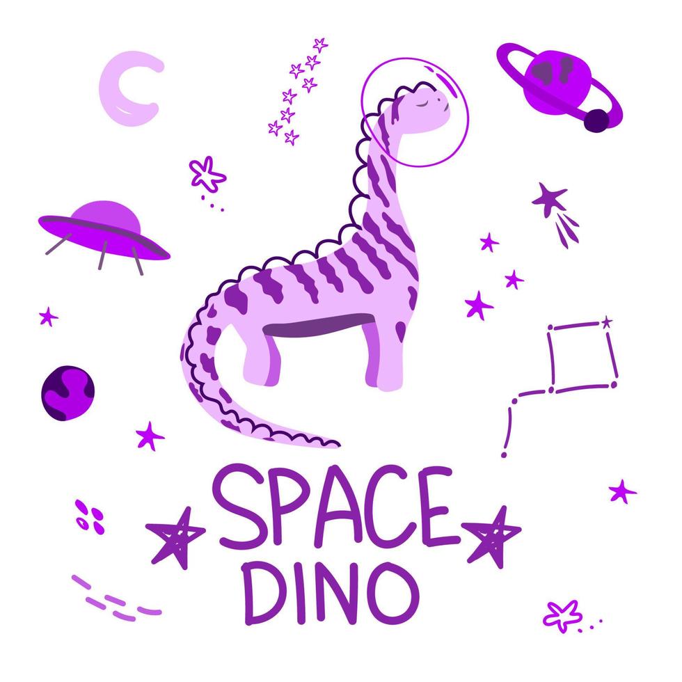 söt lila dinosaurie med en planet, stjärnor och kometer runt den. platt stil vektor. dinosaurie astronaut. kan användas för vykort, barnmode, textilier, tyger, affischer, t-shirts vektor