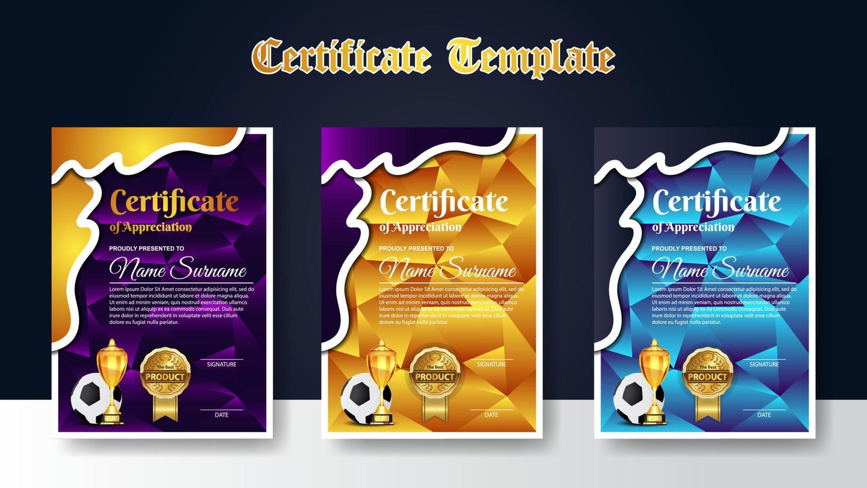 fotboll spel certifikat diplom med golden cup set vektor. fotboll. sport utmärkelse mall. prestationsdesign vektor