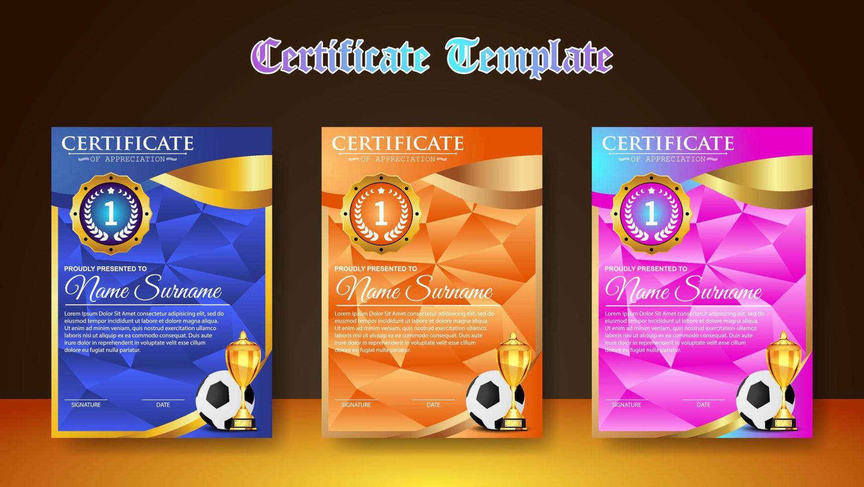 fotboll spel certifikat diplom med golden cup set vektor. fotboll. sport utmärkelse mall. prestationsdesign vektor