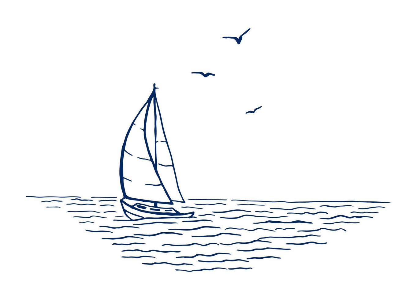 segelboot, meer, möwen. handgezeichnete illustration in vektor umgewandelt.