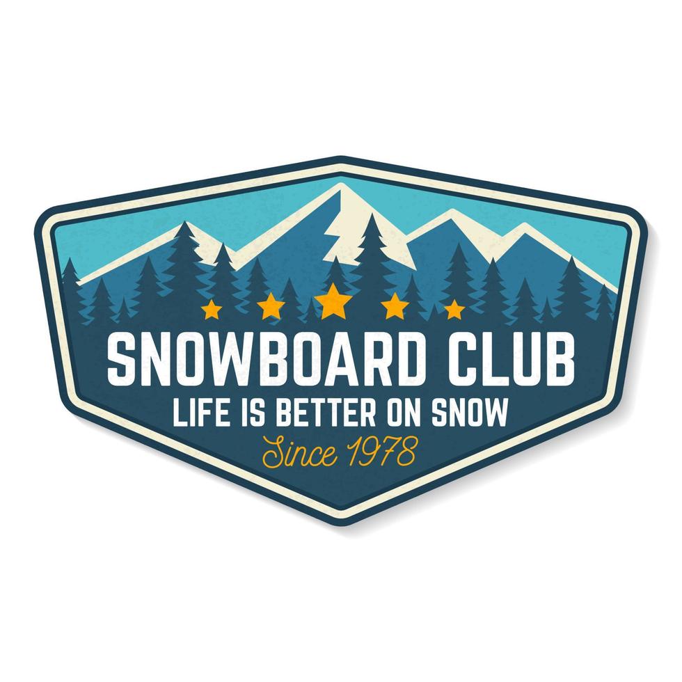 Snowboard-Club-Patch. Vektor-Illustration. konzept für hemd, druck, stempel oder t-stück. Design mit Wald- und Bergsilhouette. Extremer Wintersport. vektor