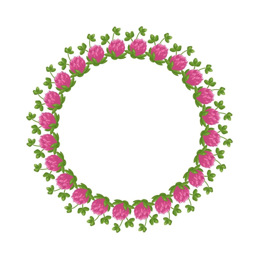 krans av rosa klöverblommor. rund ram, söt ljus växt med shamrock blad. festliga dekorationer för bröllop, semester, vykort, affisch och design. platt vektor illustration