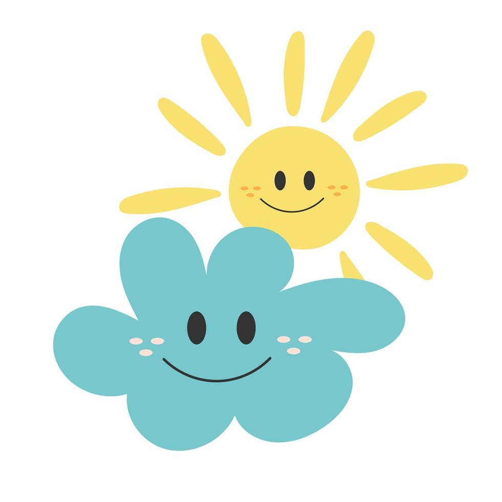 Sonne umarmt Wolke. glücklich lächelnde Charaktere. Vektor-Illustration. vektor