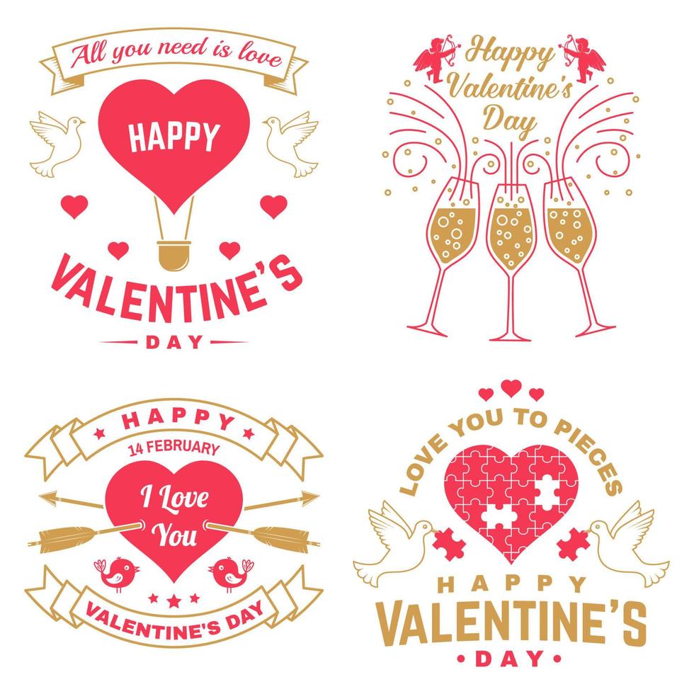 satz glücklicher valentinstagzeichen. stempel, karte mit schlüssel, vogel, amur, pfeil, herz. Vektor. vintage typografie design für einladungen, valentinstag romantisches feieremblem im retro-stil. vektor