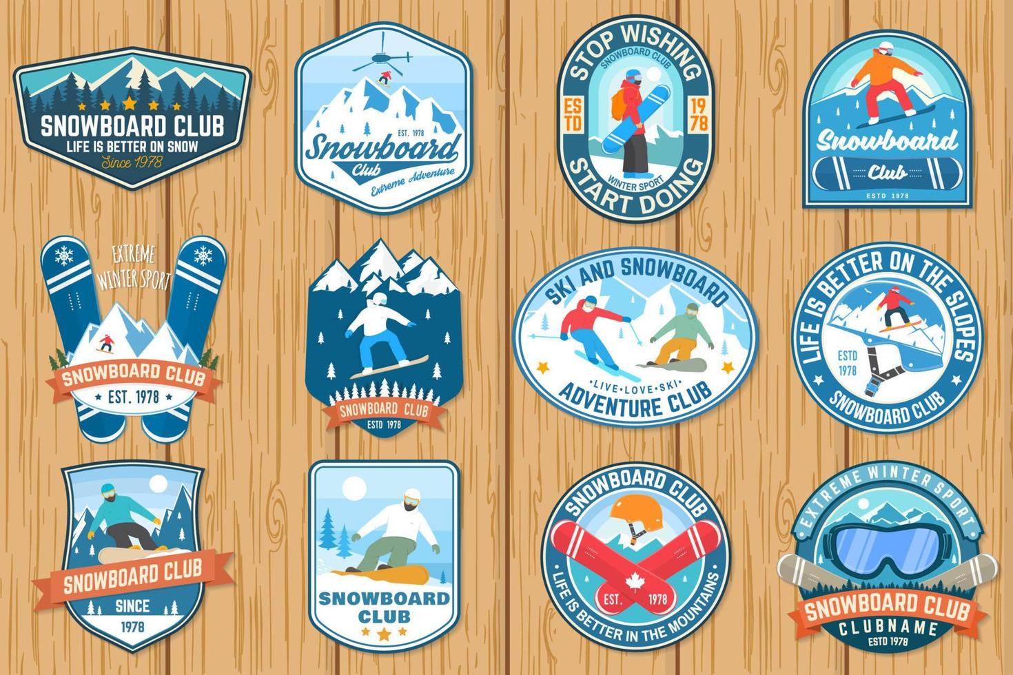 Satz von Snowboard-Club-Patches. Vektor. konzept für aufnäher, hemd, druck, stempel oder t-stück. Vintage-Typografie-Design mit Snowboarder und Bergsilhouette. Extremsport. vektor