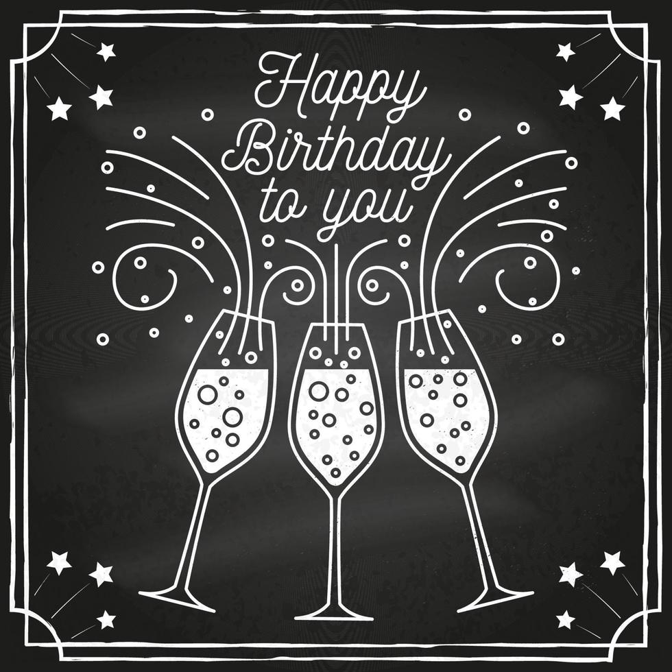 Grattis på födelsedagen. stämpel, märke, klistermärke, kort med champagneglas. vektor. vintage typografisk design för inbjudningar, födelsedagsfirande emblem i retrostil vektor