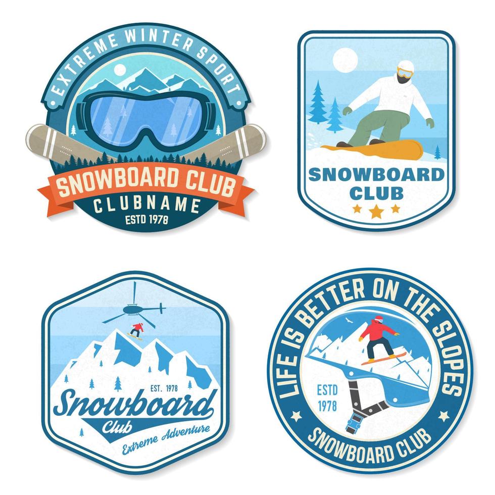 Satz von Snowboard-Club-Patches. Vektor. konzept für aufnäher, hemd, druck, stempel oder t-stück. Vintage-Typografie-Design mit Snowboarder und Bergsilhouette. Extremsport. vektor