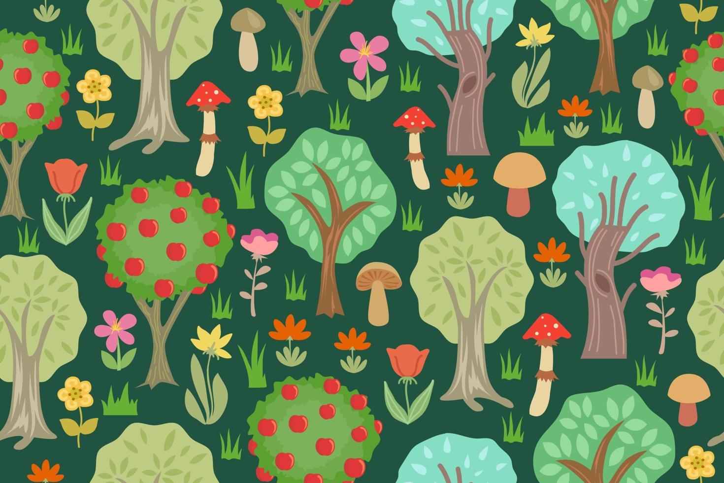 seamless mönster med träd, blommor och svamp. tecknad skog upprepande vektormönster, för alla designprojekt vektor