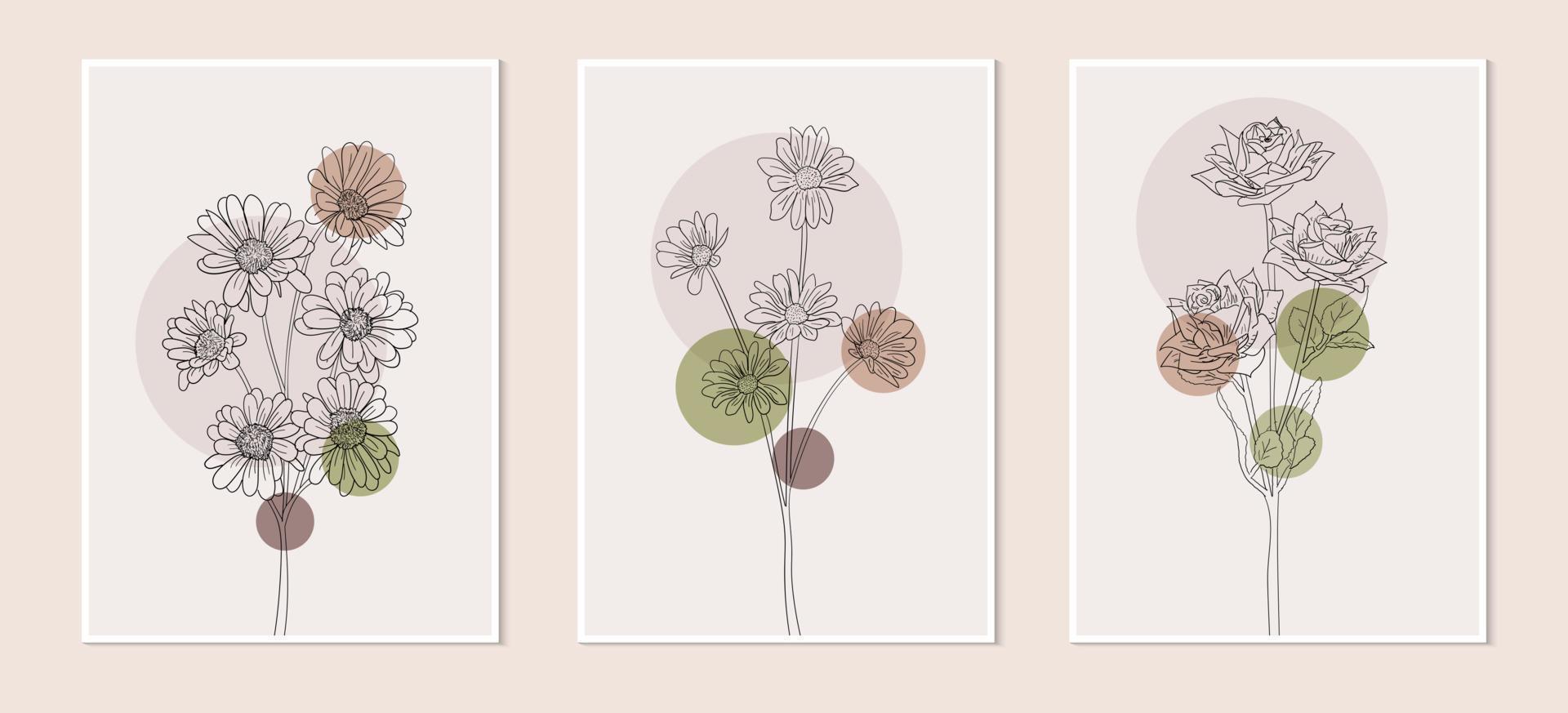 uppsättning av blomma handritad vektorkonst. pastellfärger boho blomma linjekonstteckning med abstrakt kontur form. abstrakt blomkonstdesign för tryck, omslag, tapeter, minimal väggkonst och naturlig. vektor