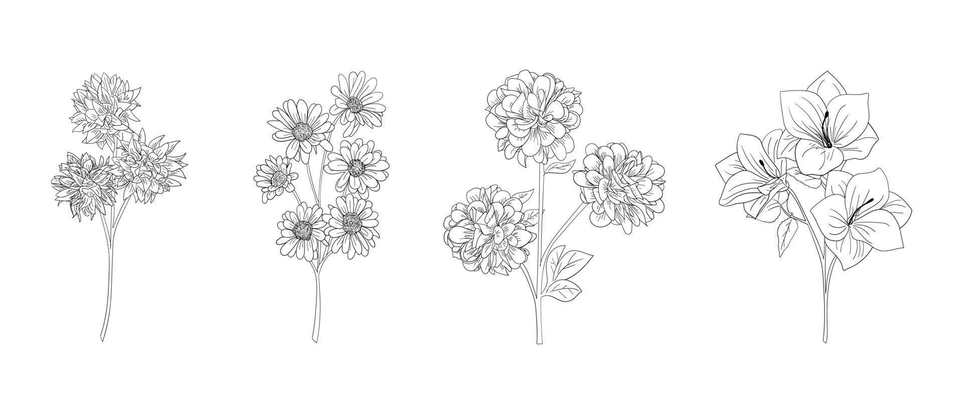 handritad uppsättning svarta och vita blommiga konturer. handritad blomstjälk. designelement för gratulationskort och inbjudningar vektor