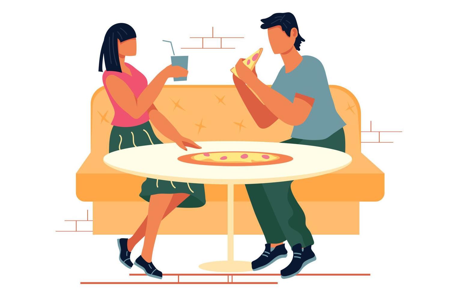 Mann und Frau, die Pizza in der Pizzeria, im Straßencafé oder im Fast-Food-Restaurant essen, flache Vektorgrafik einzeln auf Weiß. vektor