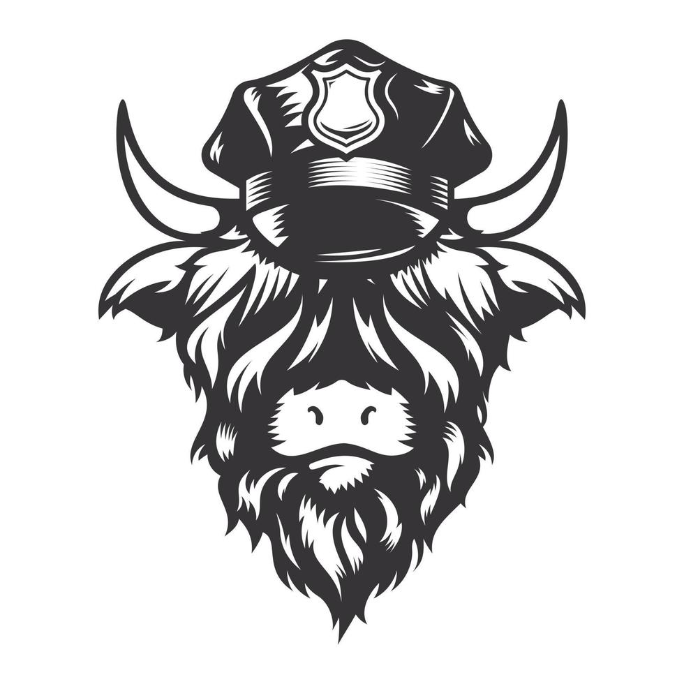 highland cow polishuvud design med polismössa. bondgårdsdjur. kors logotyper eller ikoner. vektor illustration.