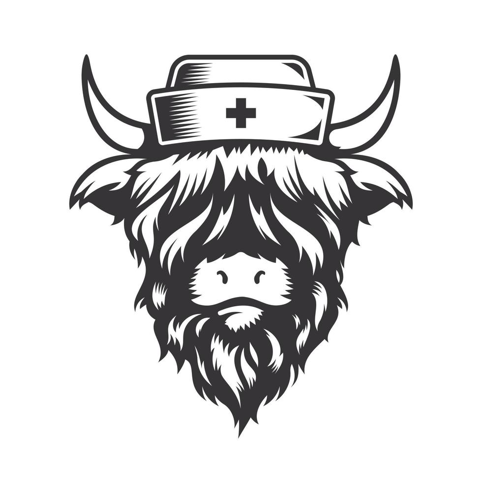 highland ko sjuksköterska huvud design med sjuksköterska hatt. bondgårdsdjur. kors logotyper eller ikoner. vektor illustration.