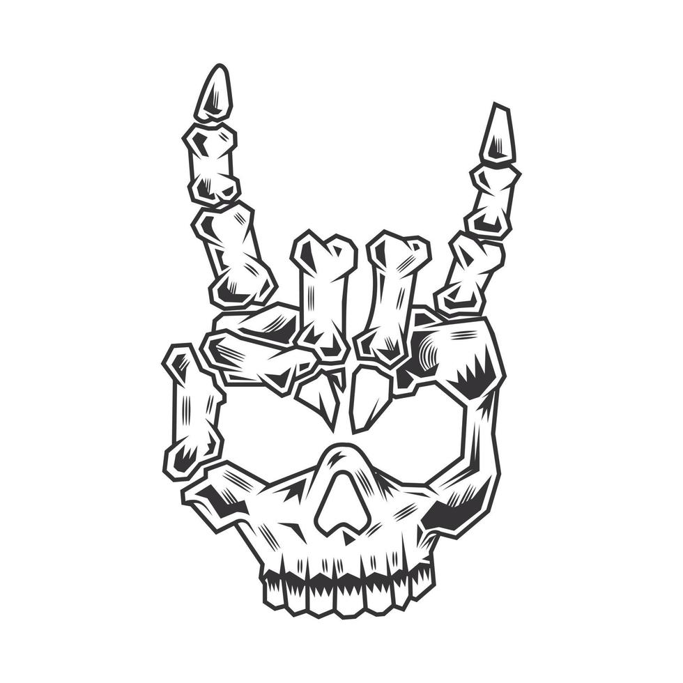 Skeleton Head Rock Hand Line Art Vintage Tattoo oder Print Design Vector Illustration.