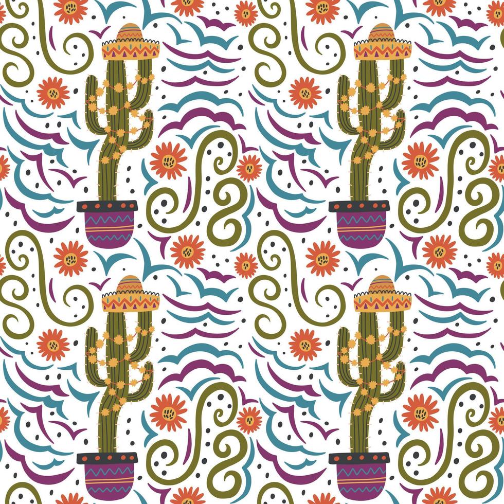 Kaktus mit mexikanischem Muster in einem Topfhut vektor