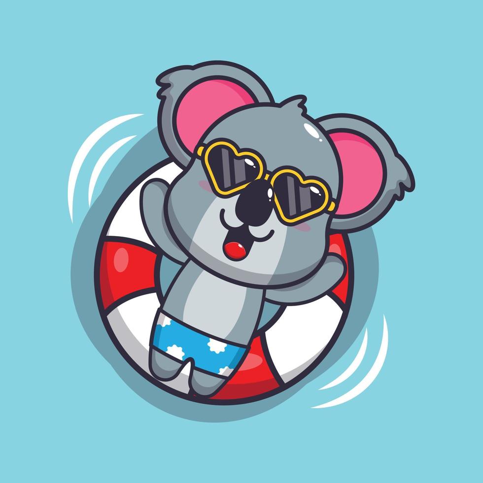 süße koala-karikatur-maskottchen-figur in sonnenbrille schwimmen am strand auf boje vektor