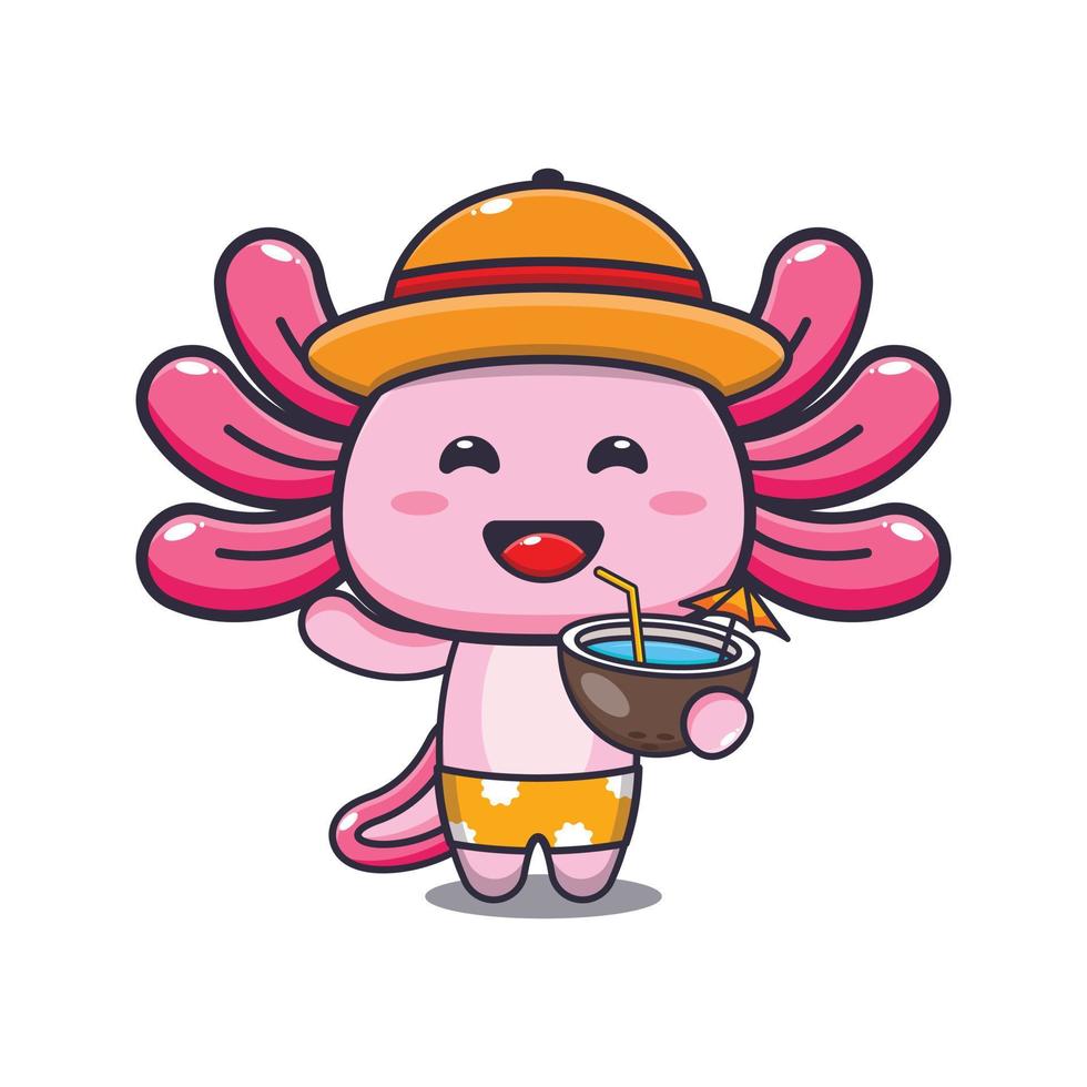 söt axolotl tecknad maskot karaktär dricka färsk kokos vektor