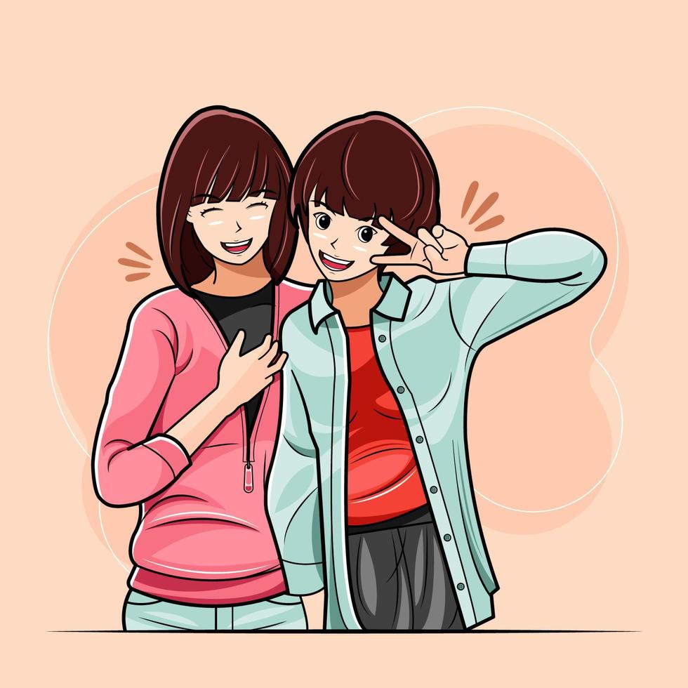 Zwei junge Mädchen, die fröhliche Gesichtsausdrücke haben, Vektorillustration kostenloser Download vektor