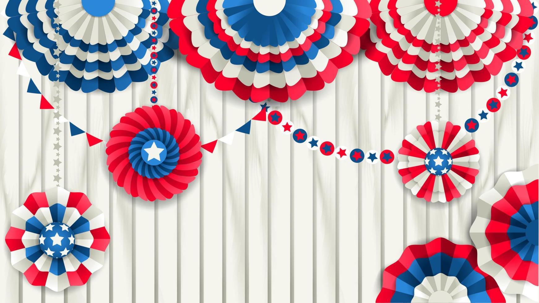 patriotisk mall med pappersfläktar hängande på ett vitt trästaket. röda, blå och vita färger vektor