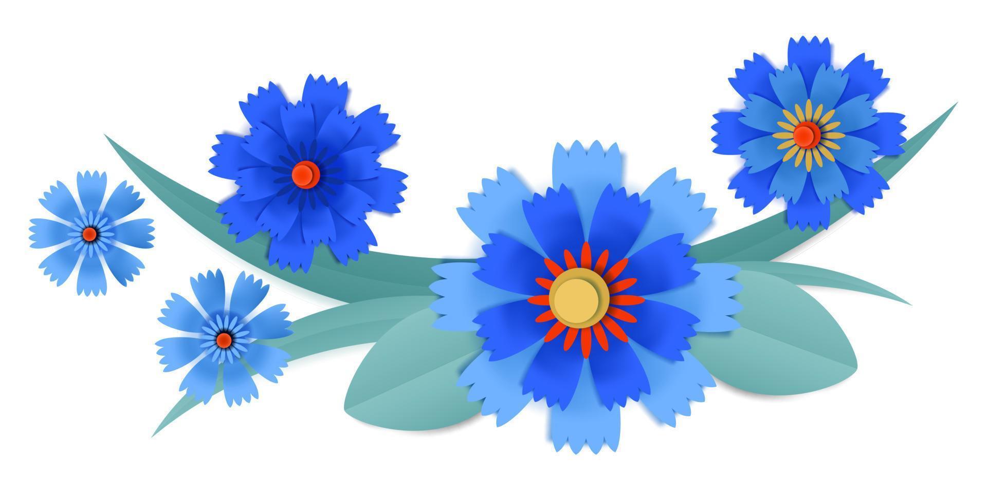 Vektor geschnittene blaue Kornblumen aus Papier in Vignette