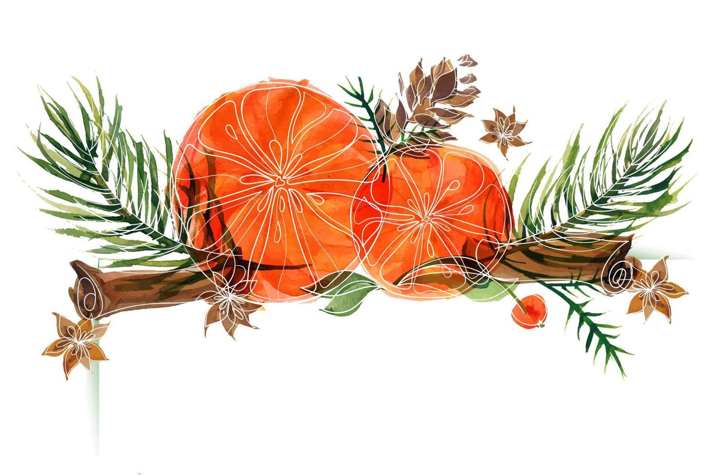 jul blommig vinjett med ale grenar och apelsiner och kanel och anis. dekorvinjett för söta jul- och nyårshälsningar och inbjudningar vektor