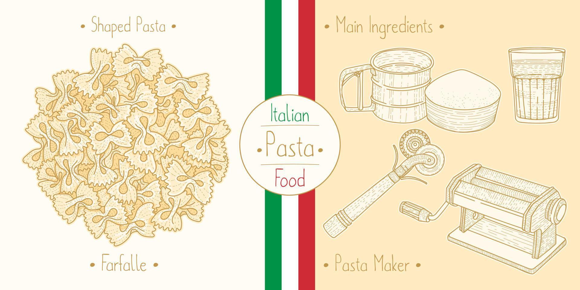 laga italiensk mat fluga farfalle pasta och huvudingredienser och pastatillverkare utrustning, skissa illustration i vintage stil vektor