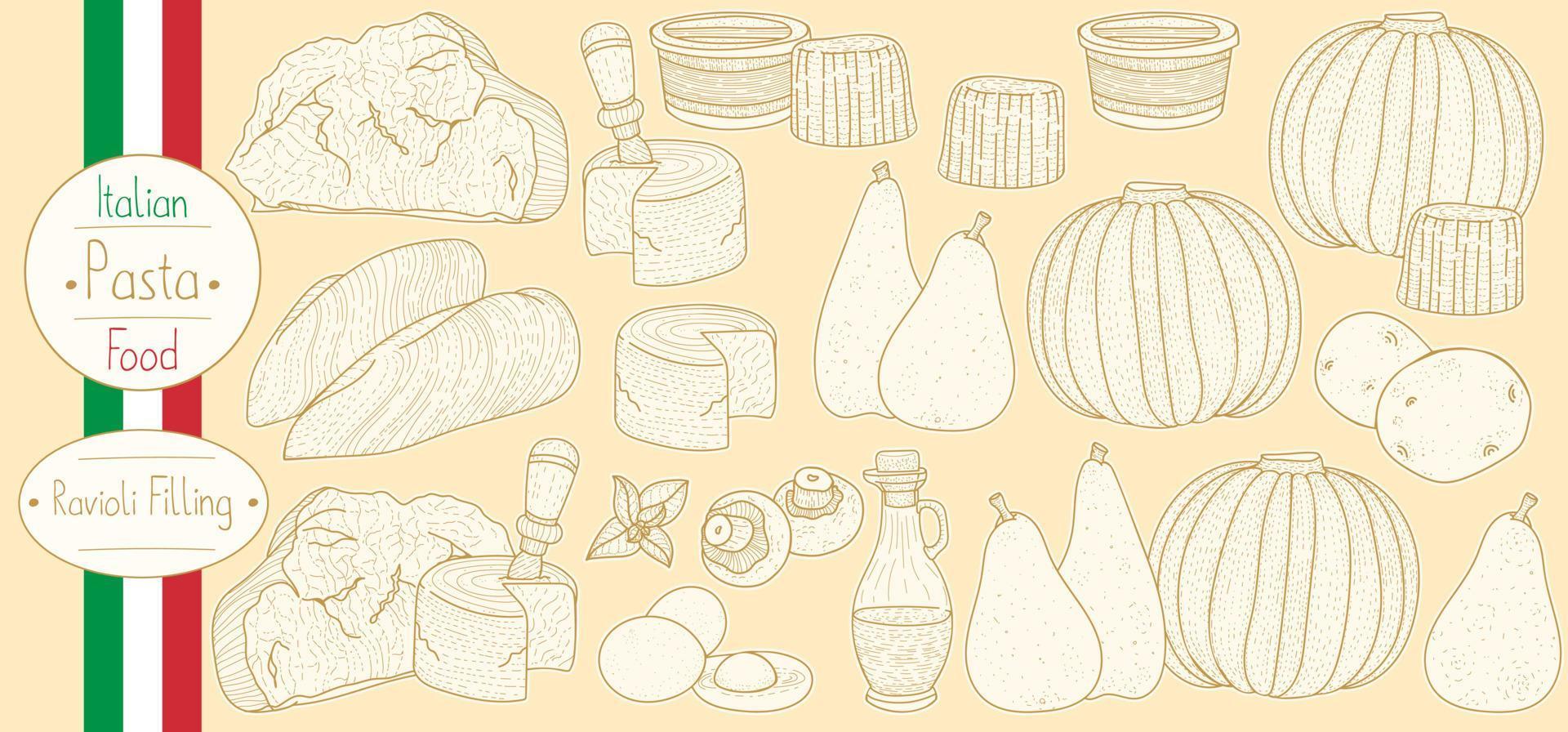 huvudingredienser för fylld pastafyllning för att laga italiensk mat ravioli, skissa illustration i vintage stil vektor