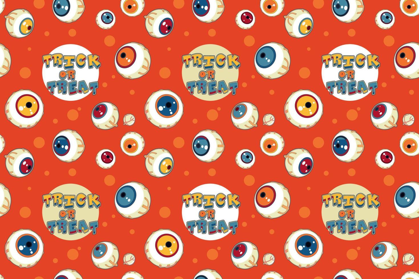 trendiges nahtloses muster der pop-art von halloween. Cartoon Monster Augen und Süßes oder Saures Schriftzug auf orangefarbenem Hintergrund, vektor