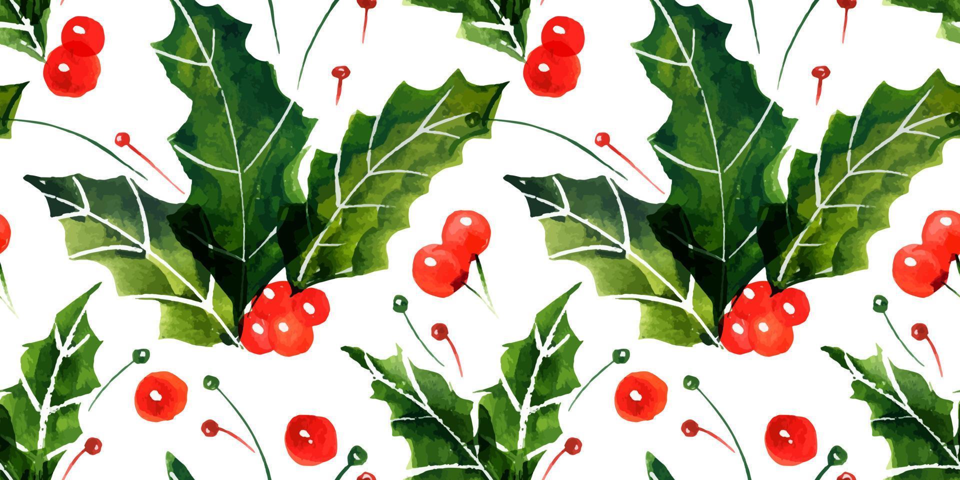 christmas holly akvarell seamless mönster. gröna blad och vinterröda bär. kaklad dekor för söta jul- och nyårshälsningar och inbjudningar vektor