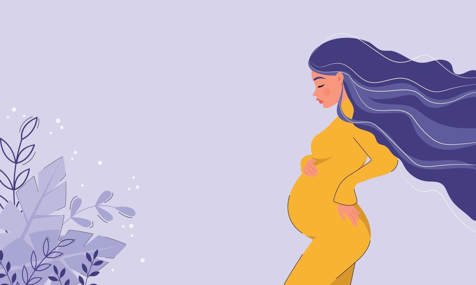 affisch med en vacker ung gravid kvinna med långt hår och plats för text. minimalistisk design, platt tecknad vektorillustration vektor